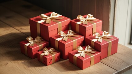 Stack of red gift boxes with gold ribbons arranged on a wooden surface