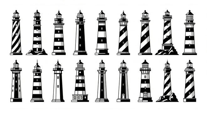Set of black and white lighthouse illustrations in various designs