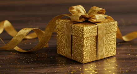 Luxurious golden gift box with ribbon and scattered glitter on a dark wooden surface