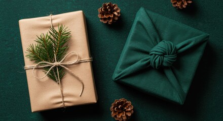 Festive holiday gifts wrapped in natural materials with pine sprigs and pinecones
