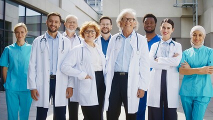Confident medical team standing outside clinic and posing together under bright daylight. Professionals presenting unity and strength while maintaining relaxed expressions. Upcoming tasks.