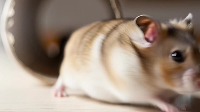 An energetic striped hamster in motion, captured with dynamic blur as it scurries across a clean surface near its habitat accessory