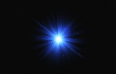 Obraz premium Bright blue light effect. Bright lens flare. Blue glow effect. Starry flares with shimmering highlights. Beautiful shimmering lens flare light effect. Vector EPS
