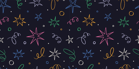 Seamless pattern with colorful doodle stars, confetti and abstract lines. Playful hand drawn designs for celebration events. Trendy vector illustration on dark background, sketch style