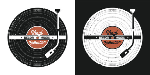 Vintage distressed vinyl record album design featuring a turntable needle in black and white contrast styles © Vectyx