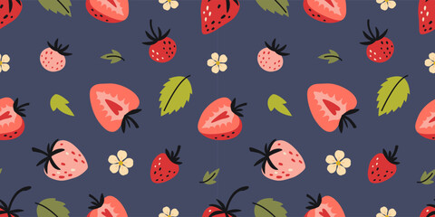 Seamless pattern with ripe strawberries, leaves and small flowers. Fresh summer fruit art. Trendy modern vector illustration on blue background, hand drawn, flat design