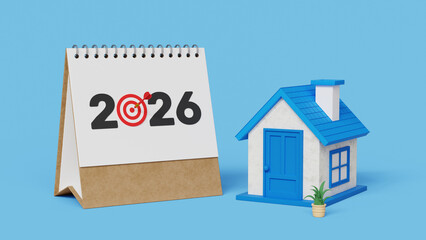 Real Estate, Interest Rate, Home Loan and Mortgage, Tax, Investment, Financial Plan, Savings, New Year Resolution, Buy Real Estate in 2026 concept. 2026 with House and 3D Calendar