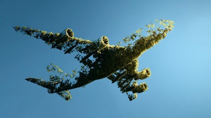 An aircraft silhouette, formed by foliage, soars against a bright blue sky. It evokes nature's embrace of technology