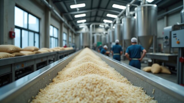 Instalaci&oacute;n industrial de procesamiento de arroz con granos en proceso de limpieza