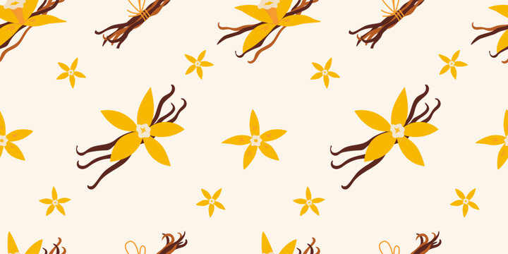 Seamless pattern with vanilla flowers and pods. Botanical illustration inspired by spice and natural aroma. Trendy vector art on light background, hand drawn, flat design