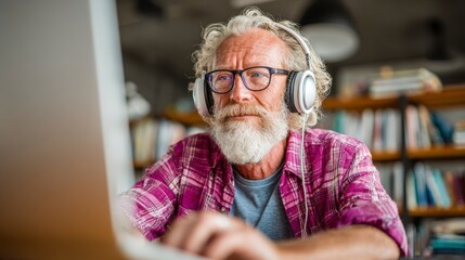Close-up of an elderly man with a white beard and glasses, wearing headphones and looking at a laptop computer. He's in a library