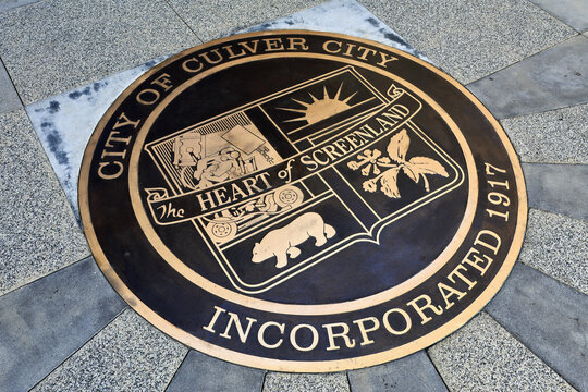 Culver City, California &ndash; November 6, 2025: Official seal of Culver City on pavement with inscription &ldquo;City of Culver City Incorporated 1917&rdquo; and motto &ldquo;The Heart of Screenland&rdquo;