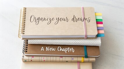 Stack of notebooks with inspirational quotes for organizing dreams