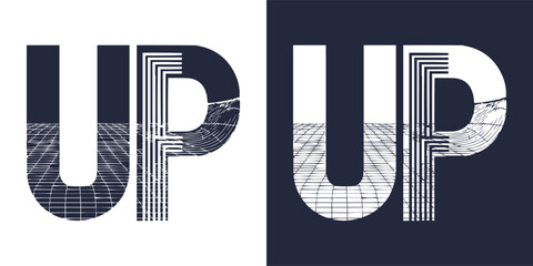 Abstract typographic design features the word up repeated twice using bold letters with retro digital grid patterns inside a contrasting background