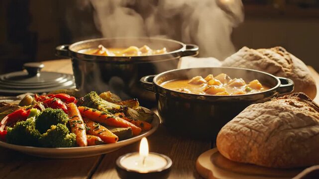 Steaming food display with vegetables bread and candle