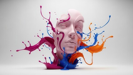 surreal pink head bursting with colorful paint splashes