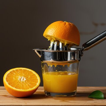 Fresh orange juice being squeezed from a vibrant halved citrus fruit using a manual stainless steel reamer appliance in a bright kitchen ,manual ,homemade ,breakfast
