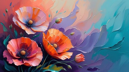 Vibrant poppy-like flowers in impasto oil painting. Abstract background with soft gradients creates ethereal feel. Thick paint, rich color, contemporary impressionist style. Wallart, greeting card