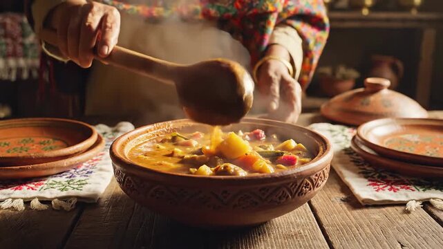 Woman serving steaming soup in rustic wooden bowl