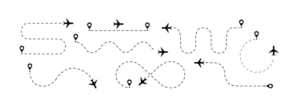 Flight path designs showing airplane tracking routes with dynamic dotted lines for travel maps, aviation concepts, route visualization, and navigation graphics in clean modern style.