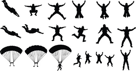 Skydiving and base jumping silhouette collection featuring parachutists in freefall, open canopy maneuvers, extreme sports athletes diving, and jumping poses for adventure designs. © MDRAZIURRAHMAN
