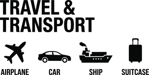 Modern Travel & Transport Icons Set: Airplane, Car, Ship, Suitcase for Global Journeys, Logistics & Vacation Planning