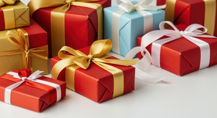 Festive gift boxes with gold and white ribbons, ready for celebration