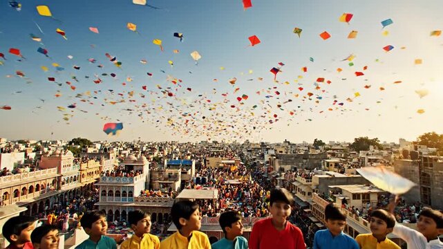 Children Celebrate Kite Festival in Jaipur India with Colorful Kites Flying over the City, rooftop