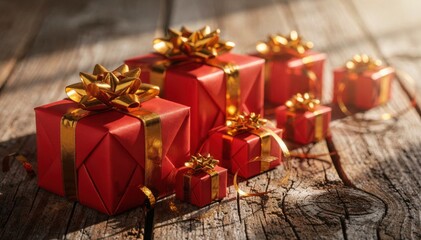 Festive red gift boxes with golden bows arranged on rustic wooden surface