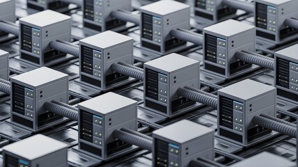 Row of server rack with cable connection symbolizing integration complexity in it infrastructure and system orchestration.