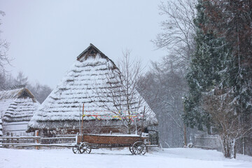 Snow-covered thatched roofs in a rural winter scene. Shevchenkivskyi grove, Lviv, Ukraine
