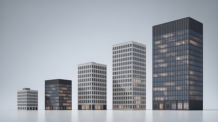 Row of five office building of increasing height representing company size and growth.