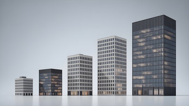 Row of five office building of increasing height representing company size and growth.