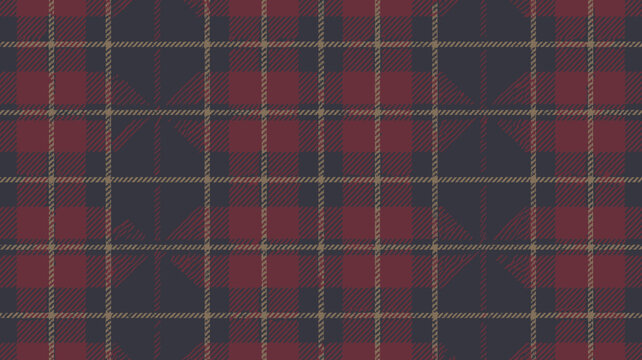 A rich maroon and charcoal grey plaid tartan seamless pattern with thin beige lines for fabric and textile designs