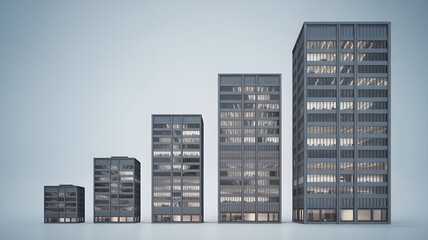 Row of office building models increasing in height representing company size growth and organizational scale.