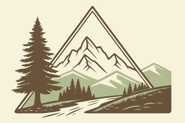 Vintage Mountain Landscape Vector Illustration with Trees and River