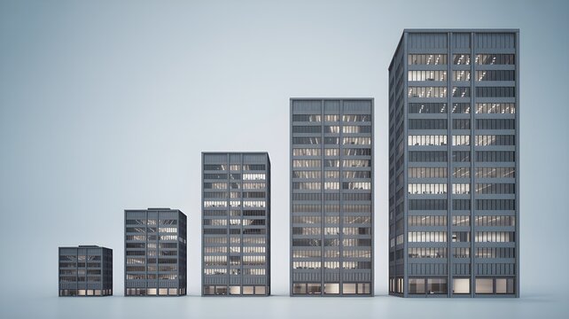 Row of office building models increasing in height representing company size growth and organizational scale.