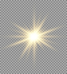 Bright golden star shines with sparkling rays and lens flare. Transparent background for versatile design use. Perfect for festive posters, banners, and digital projects. 
