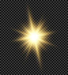 Vector star explodes with yellow radiant light and glittering particles. Lens flare enhances magical effect. Perfect for banners, posters, or digital projects.