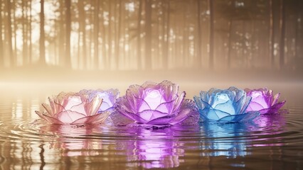 Floating lotus flowers glow on rippling water in misty forest