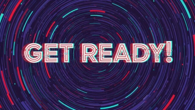 Retro futuristic glitch text saying get ready on circular light trail background - Powered by Adobe