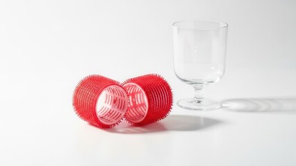 Two red hair rollers next to empty clear goblet glass on white surface