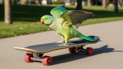 Green rose-ringed parakeet performing skateboard trick with wings spread wide on sunny park pathway