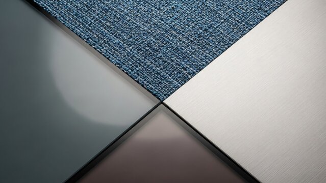 CMF Color Material Finish Layout with Blue Fabric and Metallic Surface Swatches