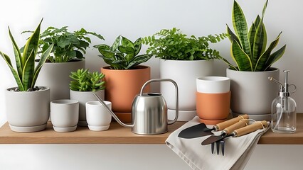 A collection of potted plants and gardening tools on a wooden shelf