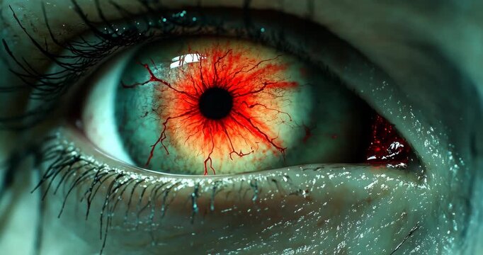 A macro close-up reveals a bloodshot eye with vivid red veins, creating a disturbing and unsettling visual experience. 