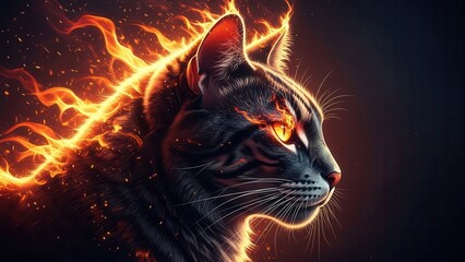 Profile of majestic cat with fur transformed into glowing orange flames against dark background