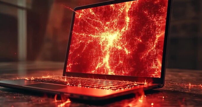 A laptop screen displays intense red energy with sparks, indicating a system failure or overheating issue in a cinematic style.