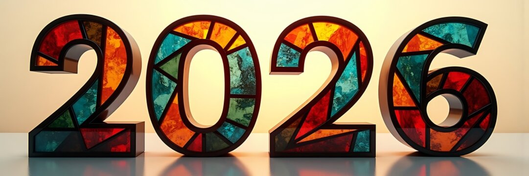 "2026 stained glass numbers with Art Deco geometric design, vibrant jewel tones, and 3D reflections, web banner