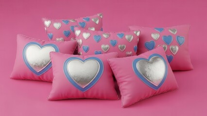 Group of soft pink throw pillows decorated with silver and blue heart patterns on pink surface